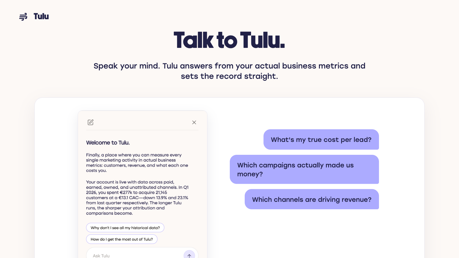 Tulu chat panel summarising quarterly spend, customers and CAC from connected sources.
