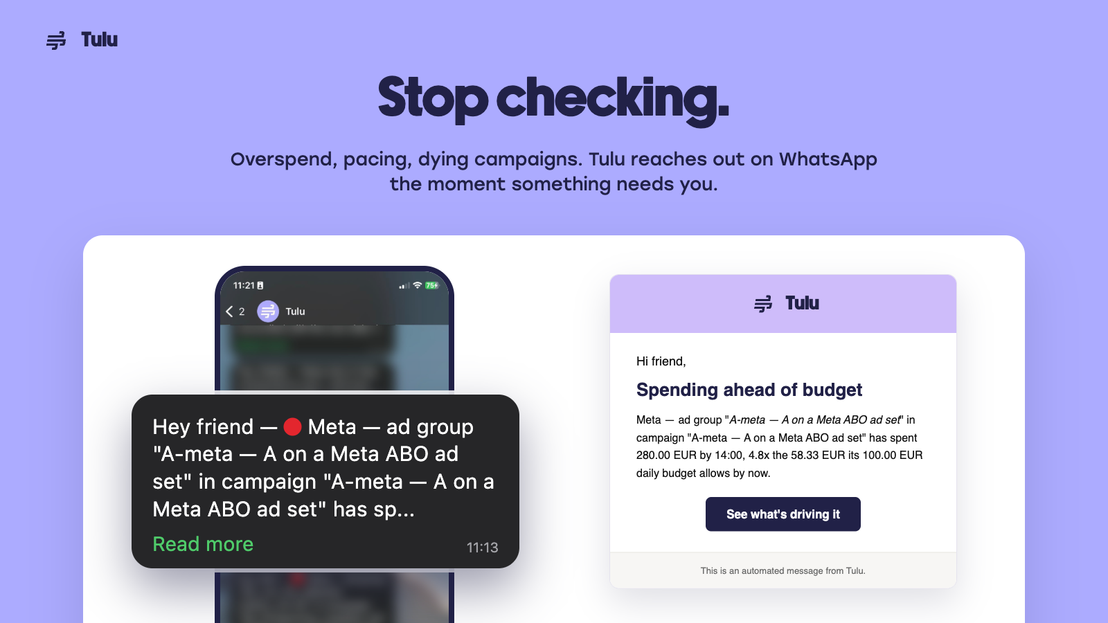 Tulu overspend alert for a Meta ad group, delivered on WhatsApp and by email.