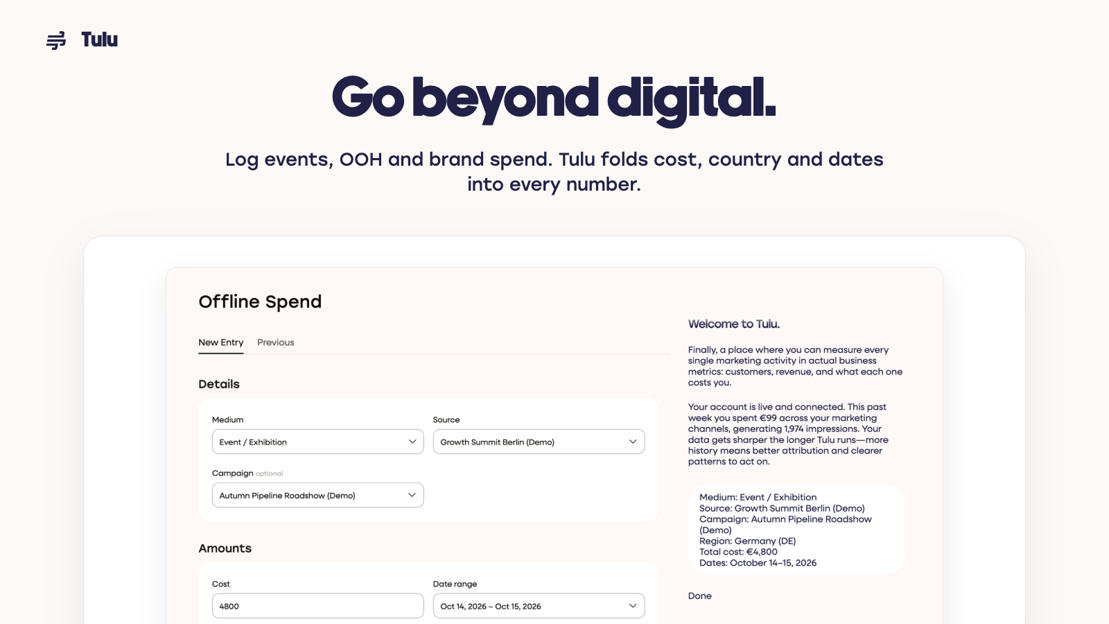 Tulu Offline Spend form logging an event’s medium, source, campaign, cost and dates.